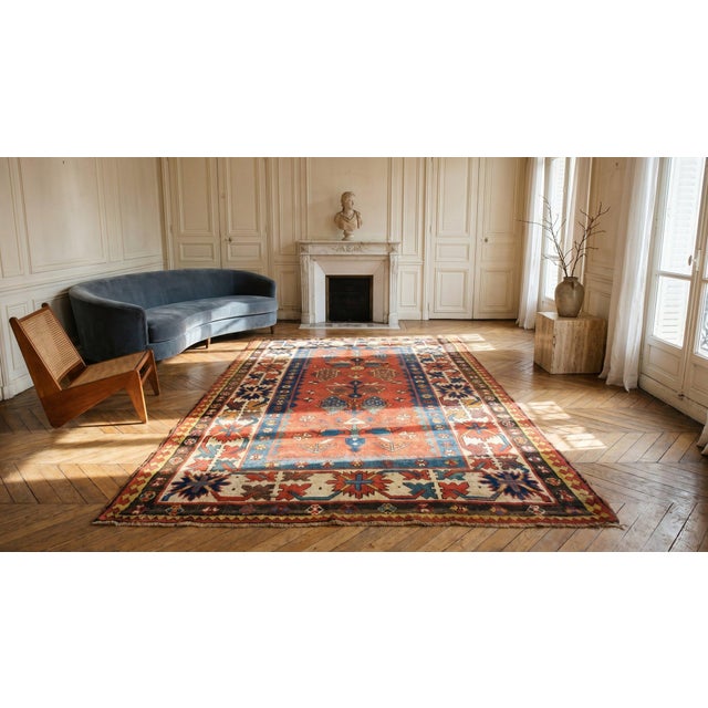 Red 1880s Red Rust Geometric Tribal Antique Caucasian Kazak Rug 4'5" X 7'3" Handknotted Wool Carpet For Sale - Image 8 of 9