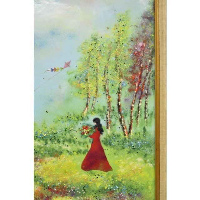 Metal Vintage Louis Cardin Enamel on Copper Painting Framed "Woman With Boys & Kite" For Sale - Image 7 of 16