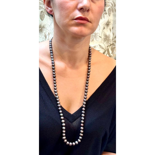 Fresh Black Water Round Pearl Single Strand Necklace, Opera Length, Silver Clasp For Sale - Image 14 of 18