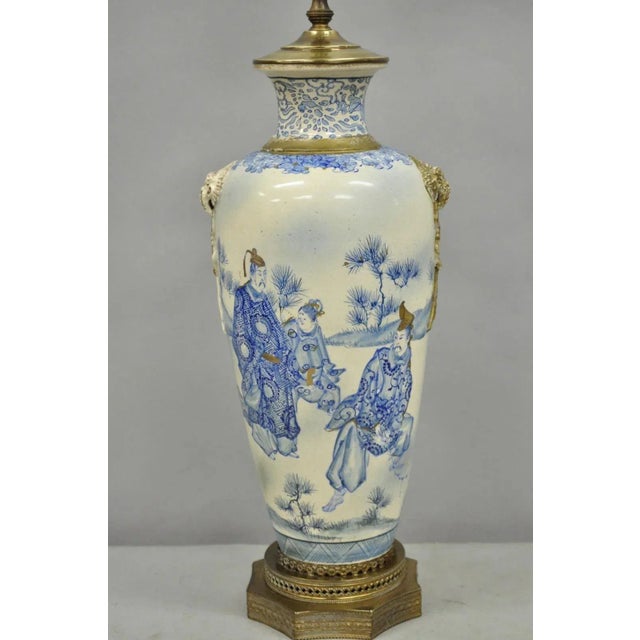 Vintage Japanese Blue White Porcelain Jardinière Vase Chinoiserie Table Lamp. Circa Early 20th Century. Measurements: 37"...