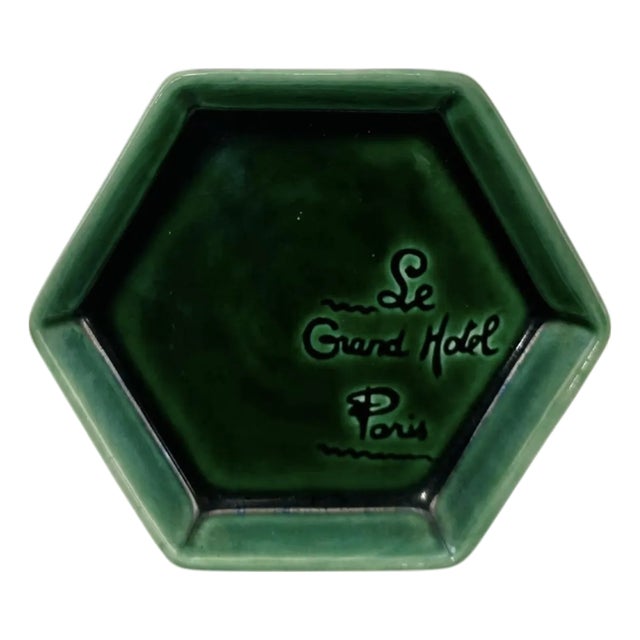 Vintage Le Grand Hotel Paris Green Ceramic Ashtray Catchall Dish For Sale