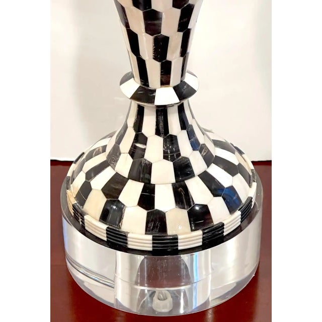 Pair of modern chevron pattern black & white tessellated stone & lucite lamps. Complete with harps and matching finials...