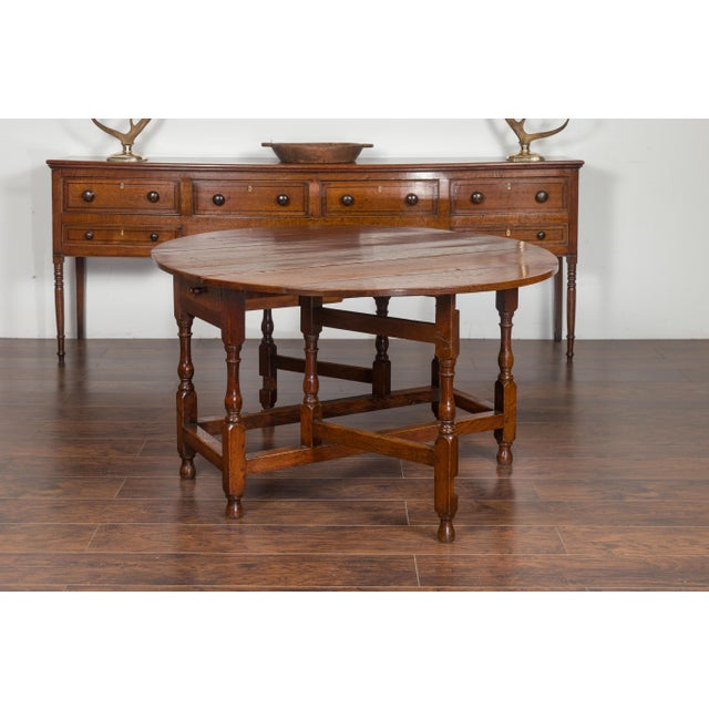 Wood English Oval Oak Drop-Leaf Table with Single Drawer and Baluster Legs For Sale - Image 7 of 11