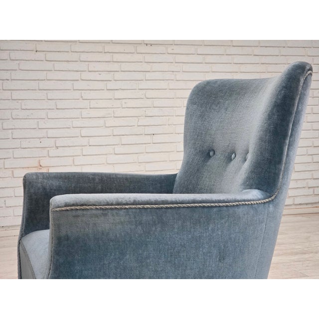 Set of Vintage Danish Chair with Ottoman in Blue Furniture Velour and Oak, 1960s For Sale - Image 18 of 18