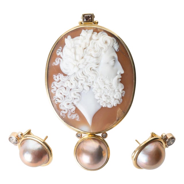 Michael Kneebone Italian Cameo Pendant With Pearl Earrings Set For Sale