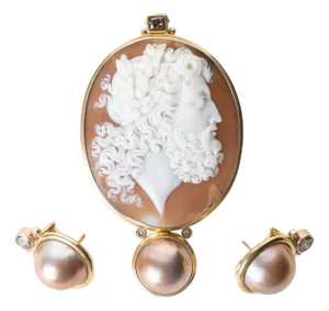 Michael Kneebone Italian Cameo Pendant With Pearl Earrings Set