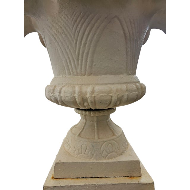 1930s Pair of Neoclassical Cast Iron Ruffle-Edge Garden Urns on Pedestals For Sale In West Palm - Image 6 of 8