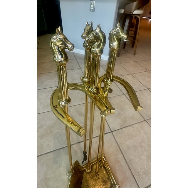 Equestrian Cast Brass Fireplace Tools Horse Head Motif For Sale In Palm Springs - Image 6 of 16