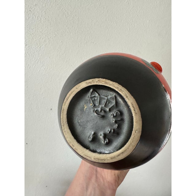 Carstens Tönnieshof Vintage Mid Century West German Orange Vessel With Teal Flowers For Sale In Boise - Image 6 of 8