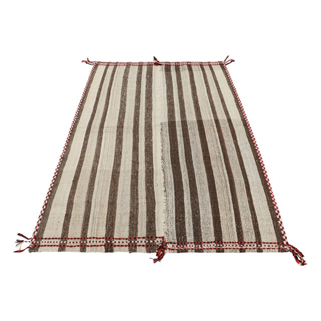 1950s Vintage Jajim Qashqai Persian Kilim With Taupe and Off-White Stripes - Rug & Kilim For Sale - Image 5 of 7