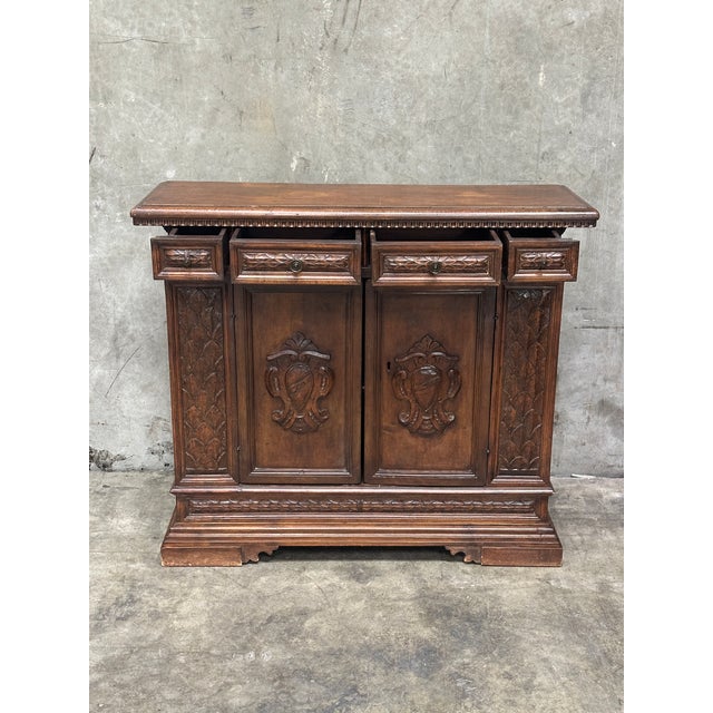 Brown 19th Century Carved Oak Sideboard Buffet Cabinet Renaissance Revival 44” For Sale - Image 8 of 18
