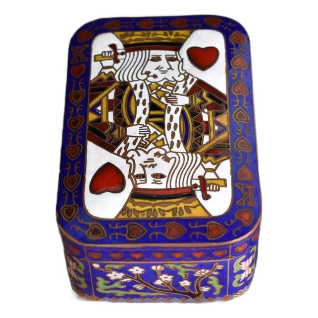 Vintage Cloisonné Enamel King of Hearts Playing Card Box / Trinket Box For Sale