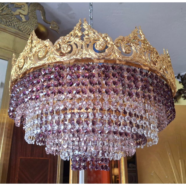 Traditional Designer 1960's Large Empire 24k Gold Plated Bronze W/ Amethyst Cut Crystal 8 Tier Semi Flush Mount/ Chandelier by Palme & Walter/ Palwa For Sale - Image 3 of 18
