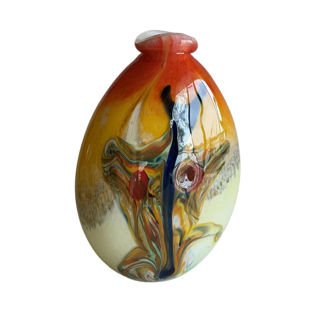 Yellow Hand-Blown Art Glass Vase With Multicolored Swirl Design For Sale - Image 8 of 16