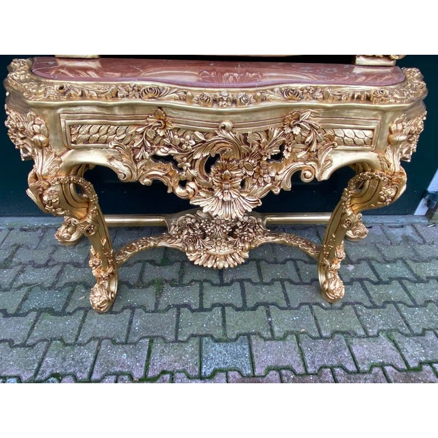 1970s Italian Baroque Gilt Beech Pink Marble Console & Mirror – 2 Pc For Sale - Image 16 of 18