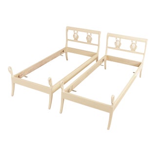 French Neoclassical Style Antique Swan-Carved Painted Sleigh Beds - A Pair For Sale