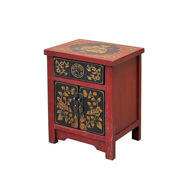 Oriental Red Black Doors Golden Flowers Graphic End Table Nightstand For Sale - Image 4 of 9