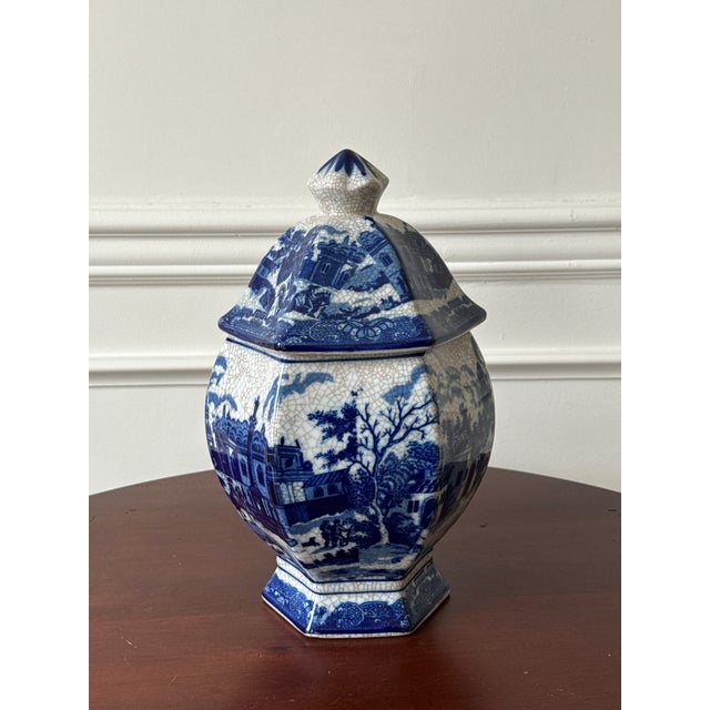 Chinoiserie Blue and White Delft Style Lidded Vase For Sale - Image 3 of 10