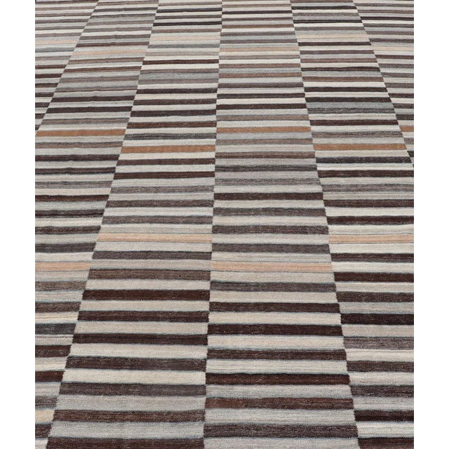 Modern Flat-Weave Kilim Rug in Multi-Panel Striped Design in Earthy Tones. Modern flat-weave Kilim rug with stripes in...