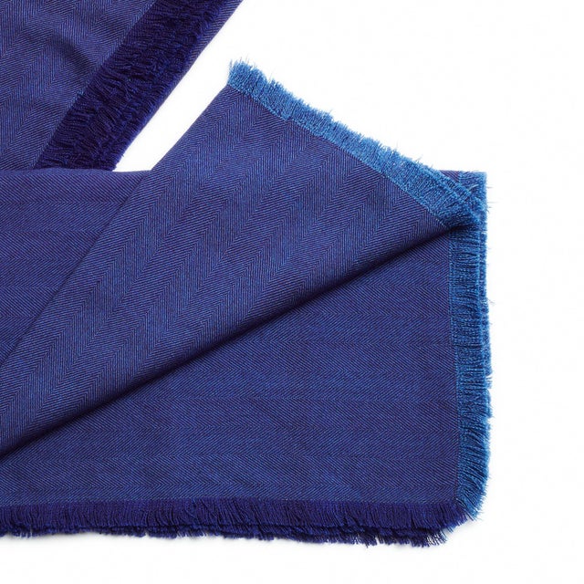 Modern Cobalt Blue Herringbone Plush Soft Merino Handwoven Throw For Sale - Image 3 of 8