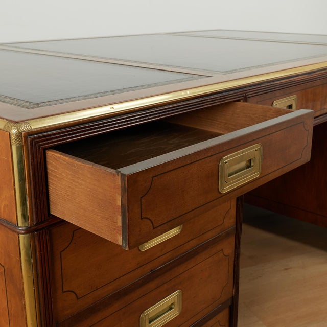 Vintage Large Scale Leather Top Campaign Style Partners Desk by Baker For Sale - Image 9 of 18