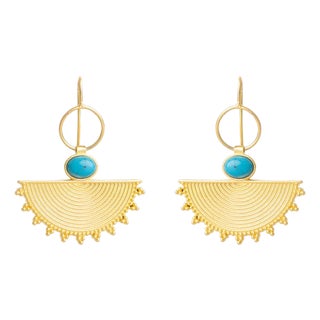 Cleopatra Sunburst Turquoise Gold Earrings, A Pair For Sale
