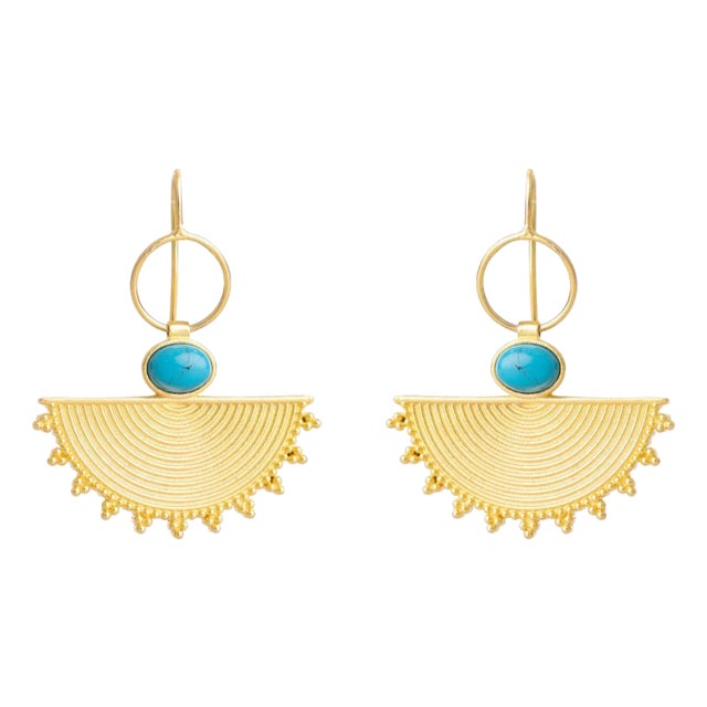 Cleopatra Sunburst Turquoise Gold Earrings, A Pair For Sale