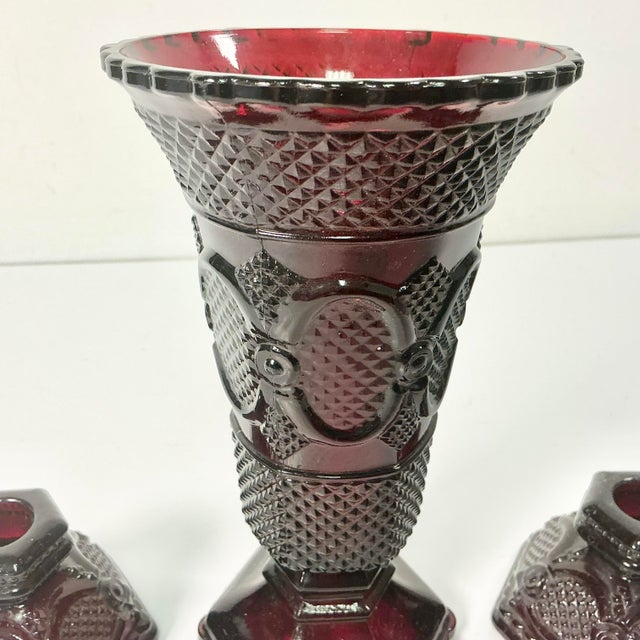 1970s Vintage Art Deco Depression Diamond Point Glass Centerpiece Candle Holders and Vase - Set of 3 For Sale - Image 6 of 12