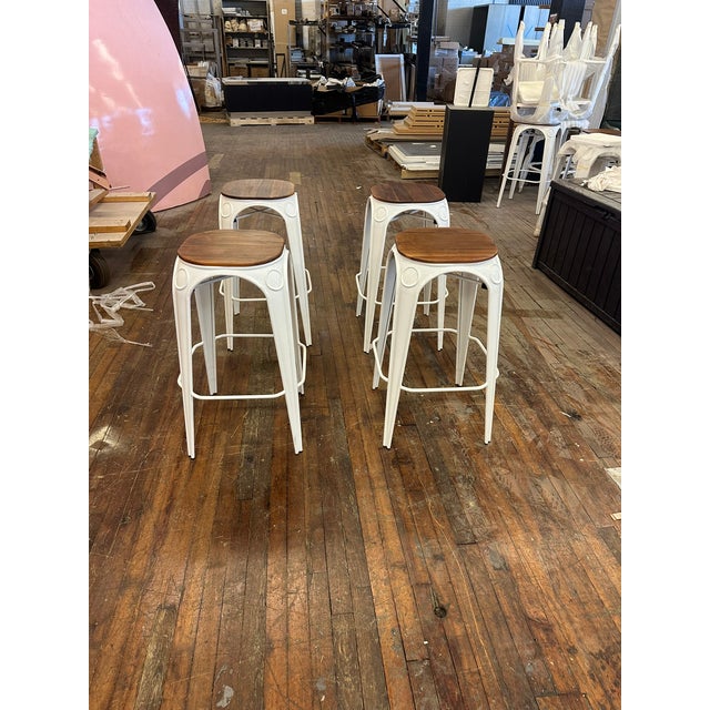 2010s Transitional Bistro Bar Stool - White Powdercoat Steel With Walnut Seat For Sale - Image 5 of 7