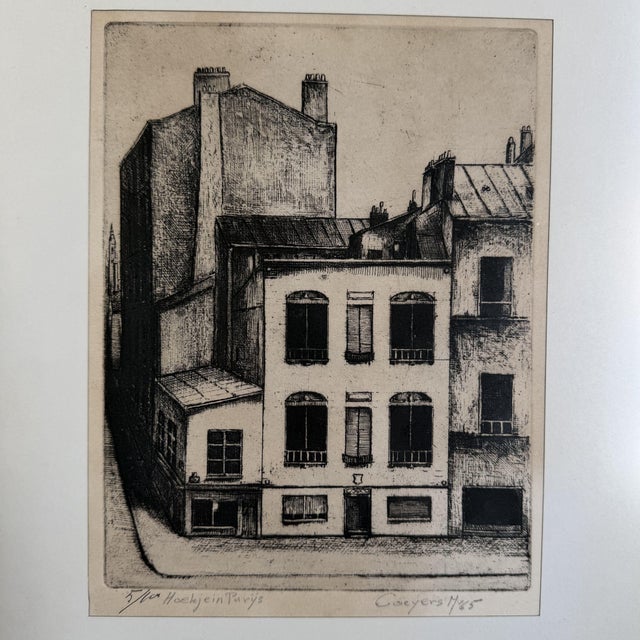 An atmospheric framed etching titled “hoekje in parijs” (“a little corner of paris”) signed and dated caeyers m. ’65....