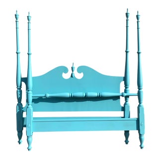 Aqua Blue Vintage Cherry Pencil Post Full Size Headboard and Footboard - 2 Pieces For Sale