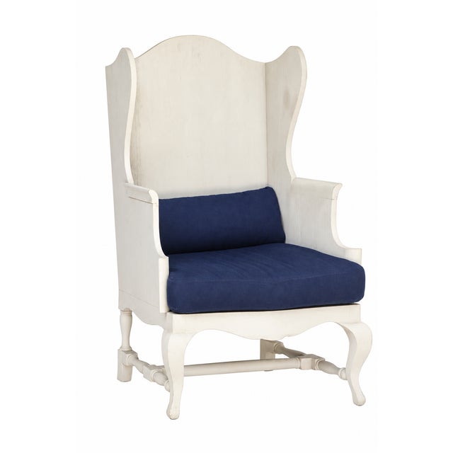 A Beautiful Vintage Restoration Hardware Pale Grey Painted Wood Wingbak Chair w/Navy Blue Seat & Lumbar Cushion. A Unique...