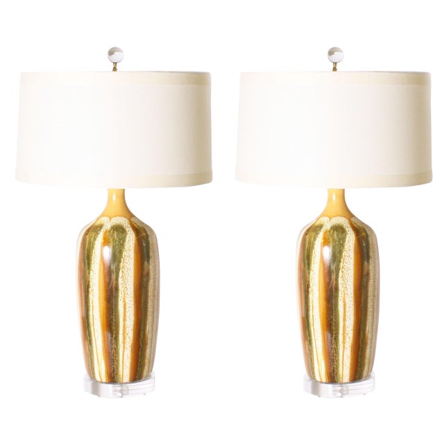 Green Pair of Yellow and Green Ceramic Drip Glaze Lamps, C. 1970 For Sale - Image 8 of 8