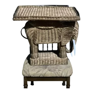 1970s Golden Wicker Elephant Tray Table