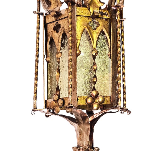 Spanish Revival Brass Lantern With Amber Glass Panels – Addison Mizner Gothic Mediterranean Pendant Light For Sale - Image 13 of 15