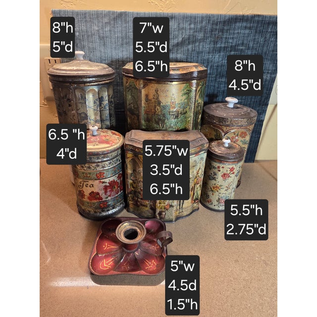 Colorful printed tin storage boxes from the 19th century. Two are from the famous Huntley and Palmer factory.