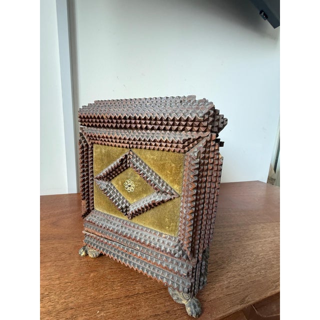 Antique Tramp Art Jewelry Box 1898, Hand Carved Wooden Chest With Mirror, Folk Art Keepsake Box, Victorian Trinket Box, Lion Pull For Sale - Image 13 of 14