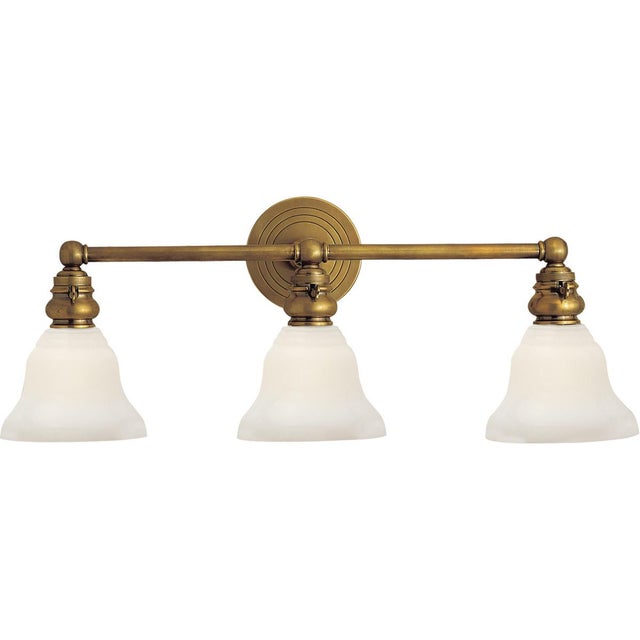 Transitional Chapman & Myers for Visual Comfort Signature Boston Functional Triple Light in Hand-Rubbed Antique Brass with White Glass For Sale - Image 3 of 4