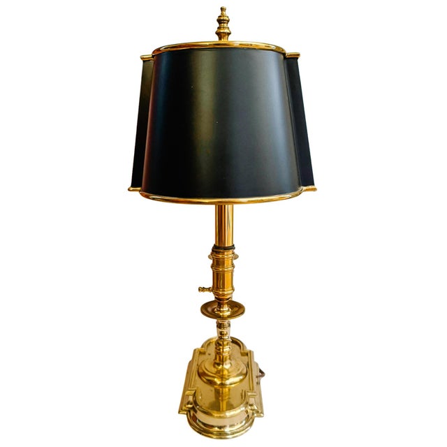 Metal Vintage French Neoclassical Brass Three-Light Bouillotte Lamp With Black Tole Shade For Sale - Image 7 of 9