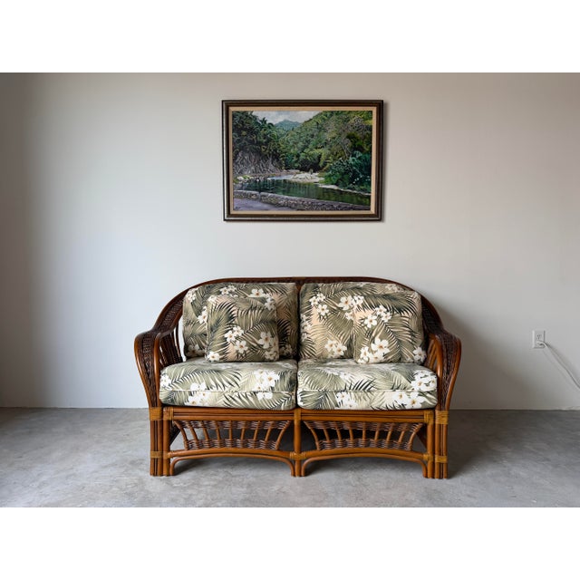 1980s Vintage Coastal Organic Bohemian Rattan & Leather-Wrapped Loveseat For Sale - Image 5 of 12