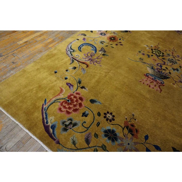 1920s Yellow Saffron Floral Vase Antique Chinese Art Deco Carpet 8'8" X 11'4" Knotted Wool Rug For Sale - Image 12 of 13