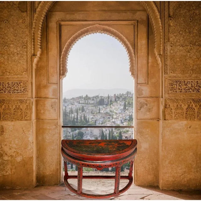 Wood Antique Chinese Red Lacquer Chinoiserie Demi Lune Console or Lamp Table, Qing Dynasty 19th Century For Sale - Image 7 of 9