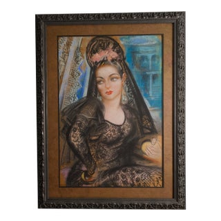Pastel Portrait of a Woman in a Black Lace Mantilla, Signed R. Casas, Reframed With Museum Glass For Sale