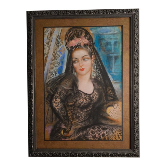 Pastel Portrait of a Woman in a Black Lace Mantilla, Signed R. Casas, Reframed With Museum Glass For Sale