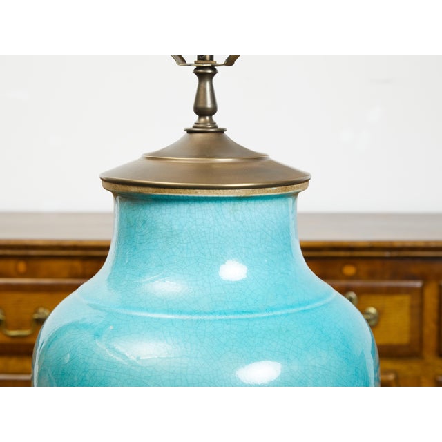 Ceramic Midcentury Turquoise Table Lamp Mounted on Lucite Base, US Wired For Sale - Image 7 of 7
