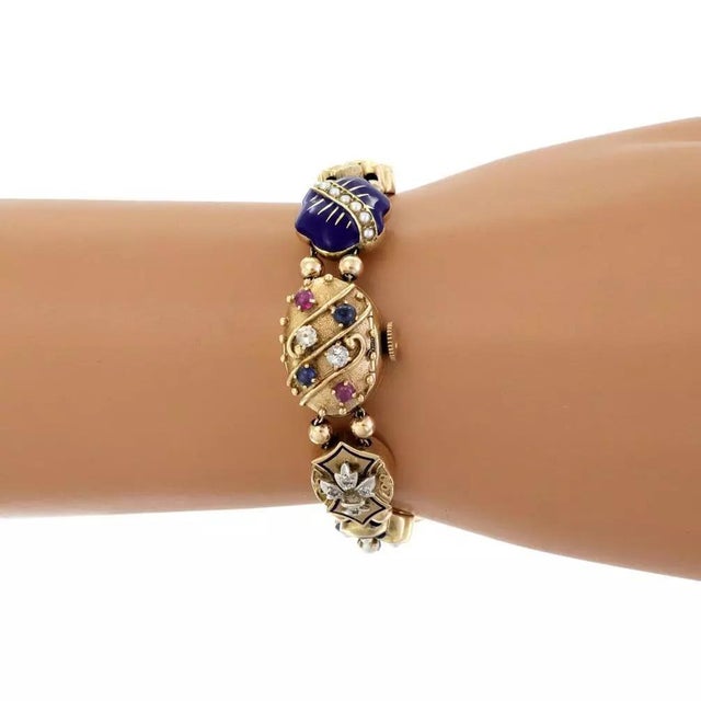 Estate Diamond Pearls Gems Hidden Watch Slide Charms 14k Gold Bracelet For Sale In Miami - Image 6 of 6