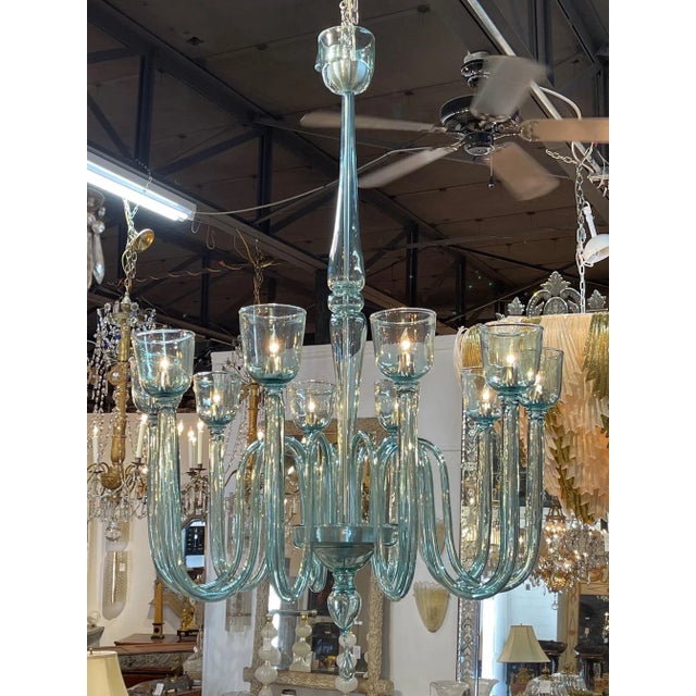 Fabulous modern large scale pale blue Murano glass chandelier with 10 arms. A glistening beauty that makes a real impact....