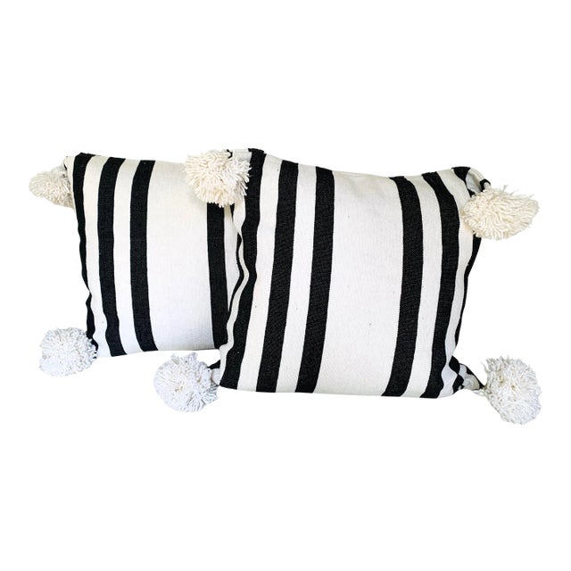 Moroccan Handloomed Pom-Pom Pillows, 19" x 19" - A Pair For Sale