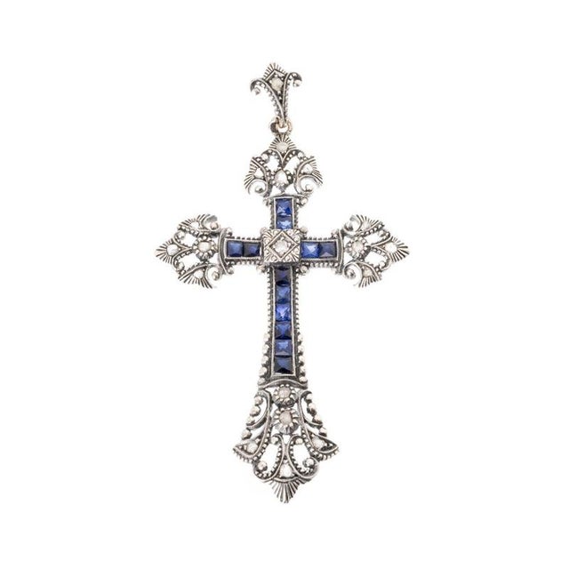 Silver and Gold Cross Pendant with Sapphires and Diamonds, 1800s For Sale - Image 6 of 6