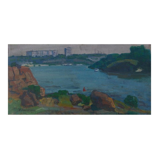 1970s River Painting Landscape Antique Oil Painting Original Soviet Art Ukrainian Artist 40-82 For Sale